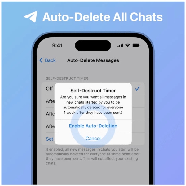 
            В Telegram появился таймер для удаления сообщений во всех новых чатах
        