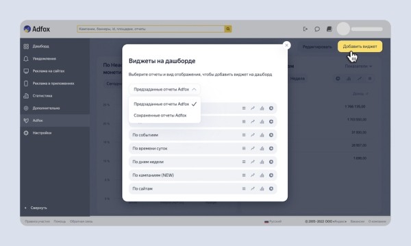 Adfox тестирует вкладку «Дашборд» с виджетами статистики на основе отчетов
Adfox тестирует вкладку «Дашборд» с виджетами статистики на основе отчетов